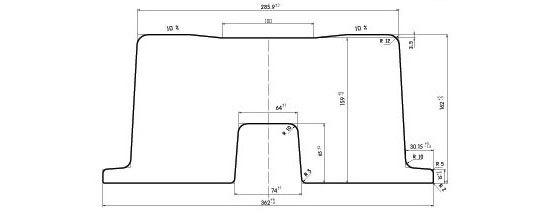 Vista de perfil de los Perfiles para Coraz&oacute;n de Agujas, modelo C.C. 332, d&oacute;nde se pueden ver las acotaciones que indican su tama&ntilde;o