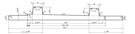 Vista de pefil de las Placas para Carril Inclinadas, modelo PI 150-1/40 A, d&oacute;nde se pueden ver las acotaciones que indican su tama&ntilde;o