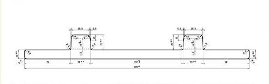 Vista de pefil de las Placas para Carril Est&aacute;ndar, modelo PP 150-t15, d&oacute;nde se pueden ver las acotaciones que indican su tama&ntilde;o