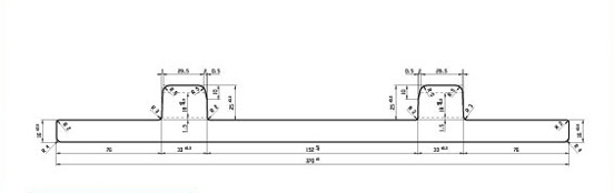 Vista de pefil de las Placas para Carril Est&aacute;ndar, modelo PP 150-t16, d&oacute;nde se pueden ver las acotaciones que indican su tama&ntilde;o