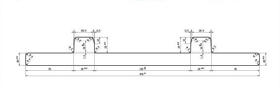 Vista de pefil de las Placas para Carril Est&aacute;ndar, modelo PP 150-t20, d&oacute;nde se pueden ver las acotaciones que indican su tama&ntilde;o